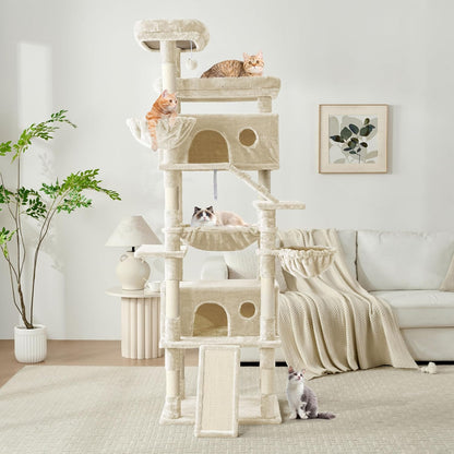 Cat Tree, 80-Inch Large Cat Tower with 9 Scratching Posts, 2 Perches, 2 Caves, 2 Basket, 2 Stairs