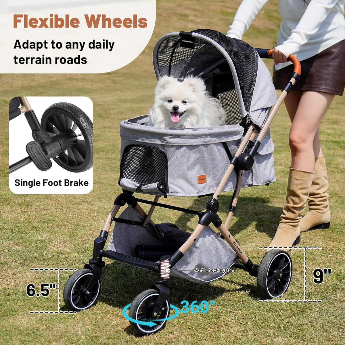EchoSmile Small Medium Dogs Stroller 4-Wheel Pet Strollers for Medium Dogs Up to 50lbs, One Click