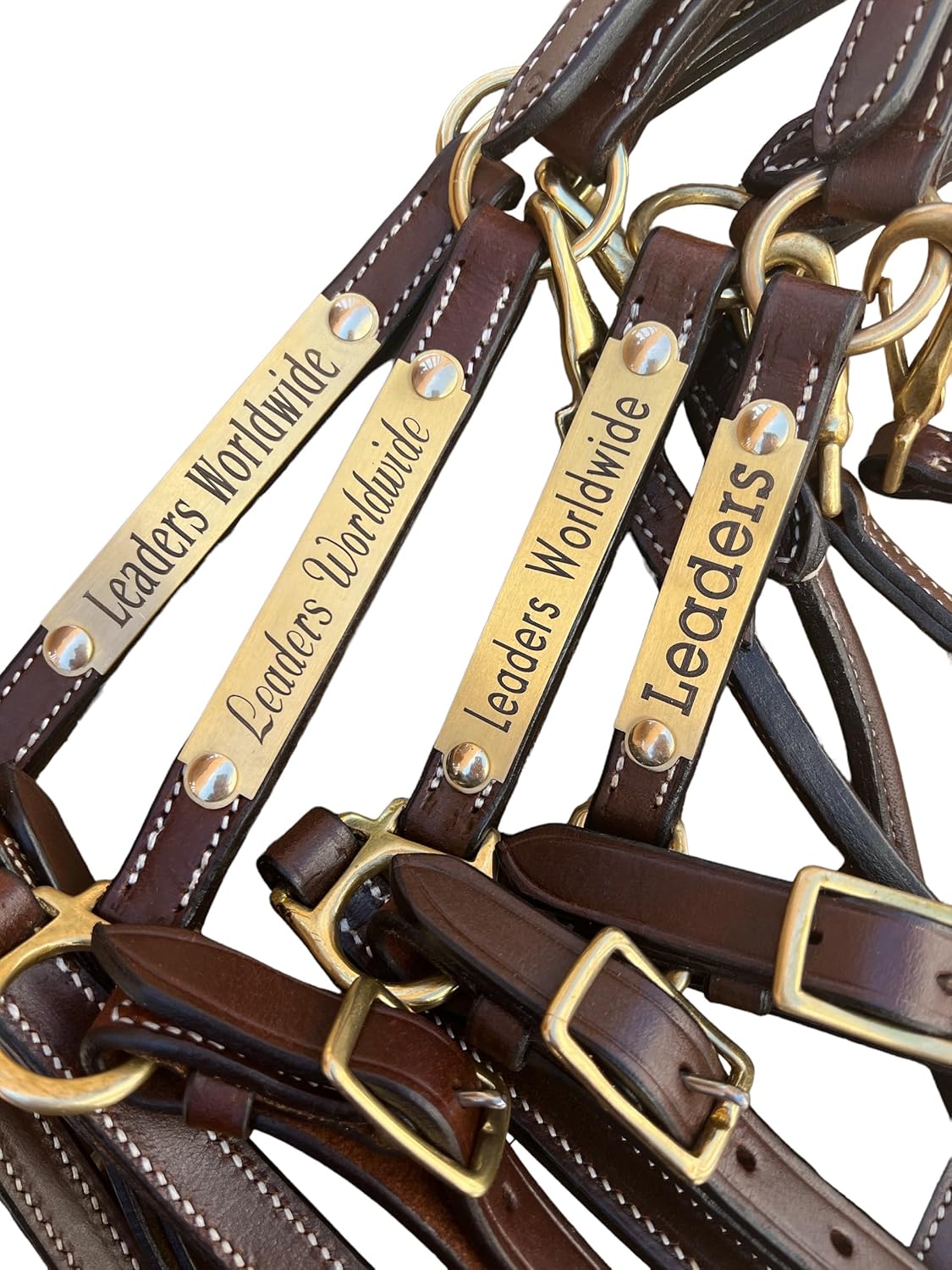 Leaders 3/4" Leather Halter for Horses with Customized Engraved Name Plate Brown Leather with Solid