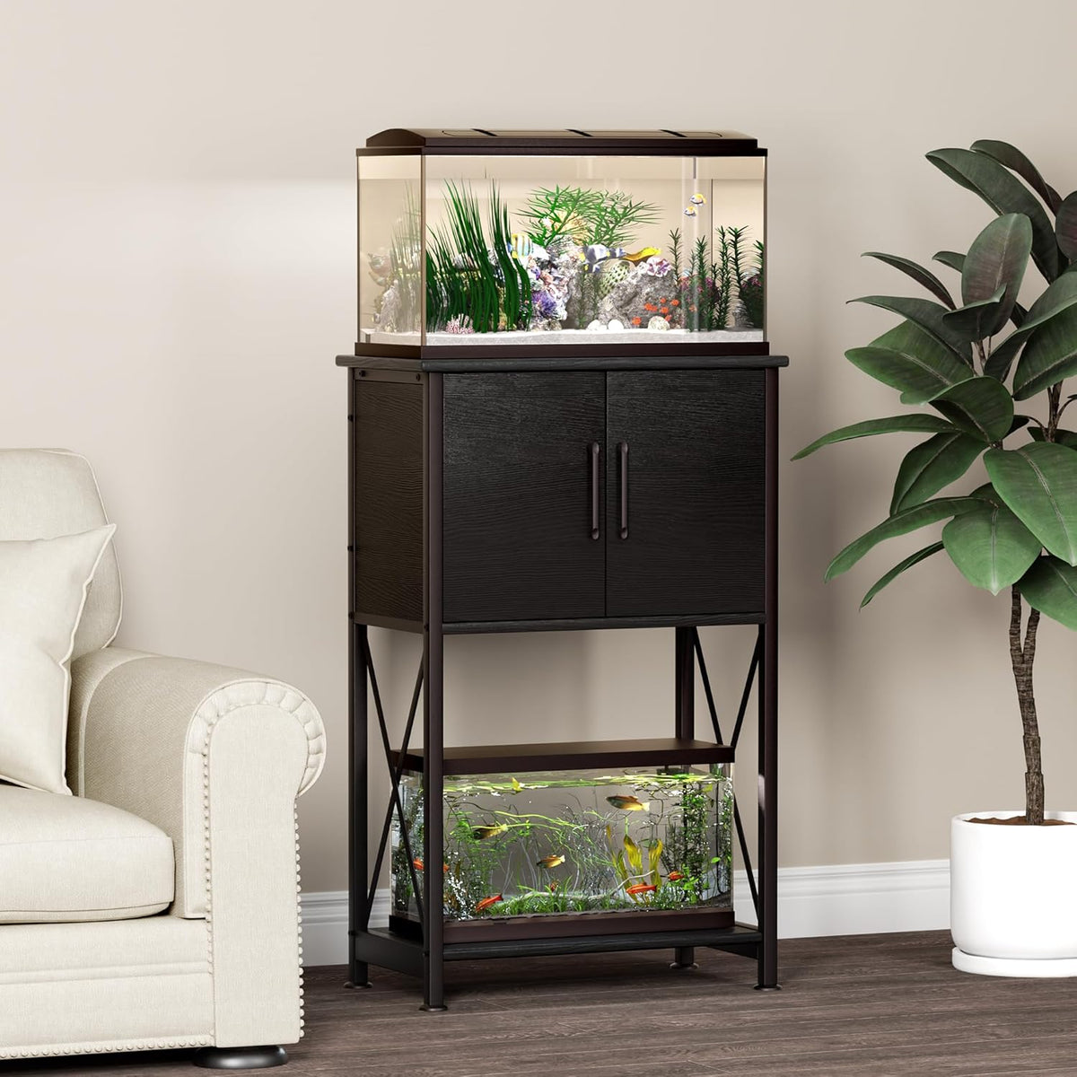 5-10 Gallon Fish Tank Stand, Metal Double Aquarium Stand with Cabinet for Fish Tank Accessories