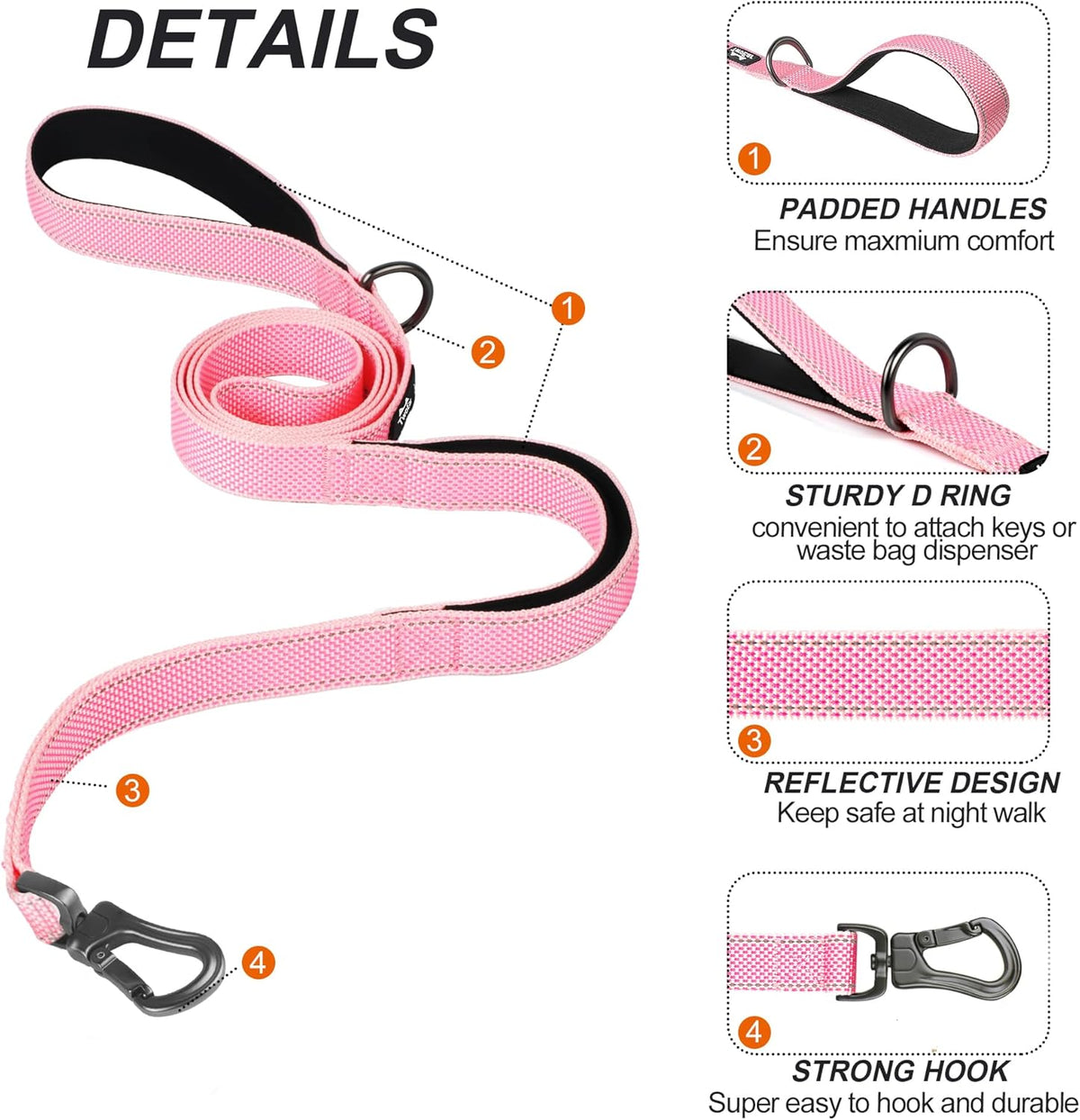 TwoEar 5FT 1IN Strong Pink Dog Leash with 2 Padded Handles, Traffic Handle Extra Control