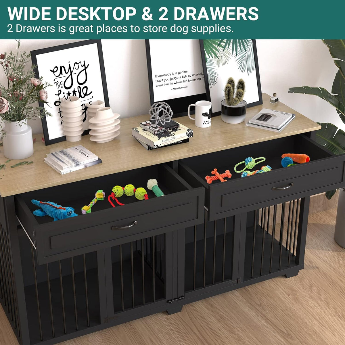 Large Dog Crate with Double Rooms, 72" Heavy Duty Wooden Dog Cage Furniutre Dog Crate Kennel