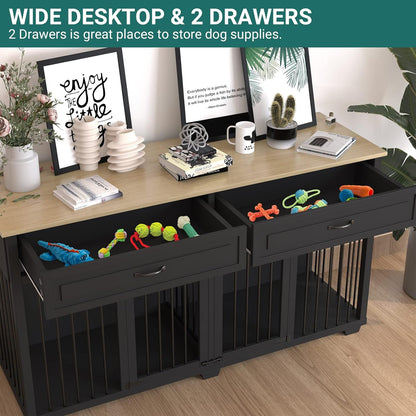 Large Dog Crate with Double Rooms, 72" Heavy Duty Wooden Dog Cage Furniutre Dog Crate Kennel