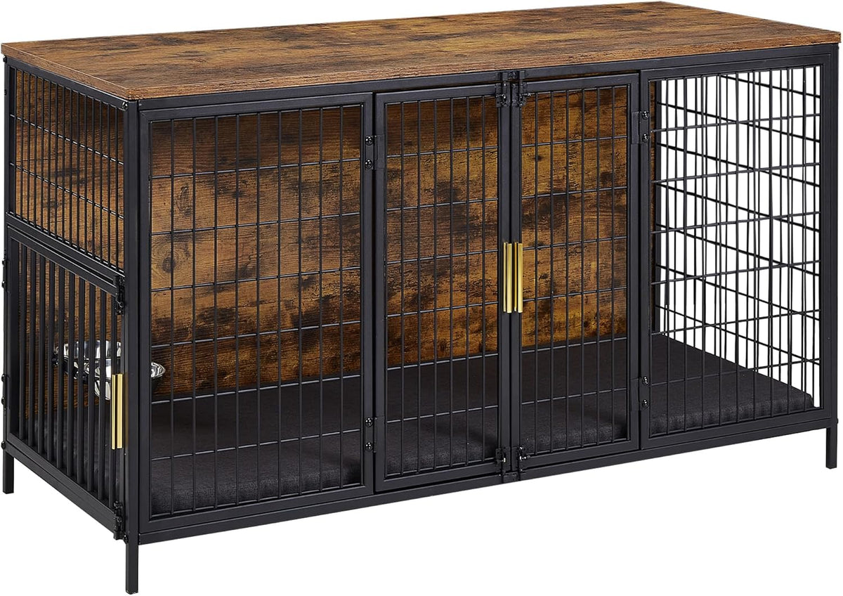 VECELO Dog Crate Furniture for Medium/Large Dogs, Wooden Dog Cage with Cushion, Double Door, Dog
