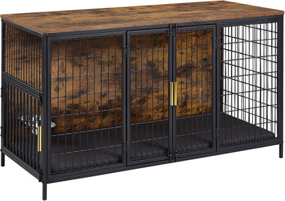 VECELO Dog Crate Furniture for Medium/Large Dogs, Wooden Dog Cage with Cushion, Double Door, Dog