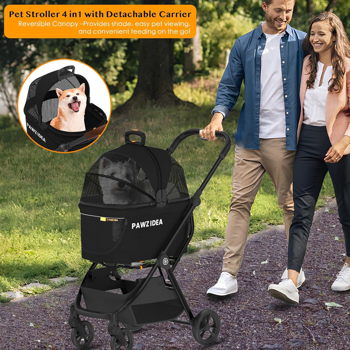 PAWZIDEA Pet Stroller 4 in 1, Dog Strollers for Small/Medium Dogs/Cats with Detachable Carrier
