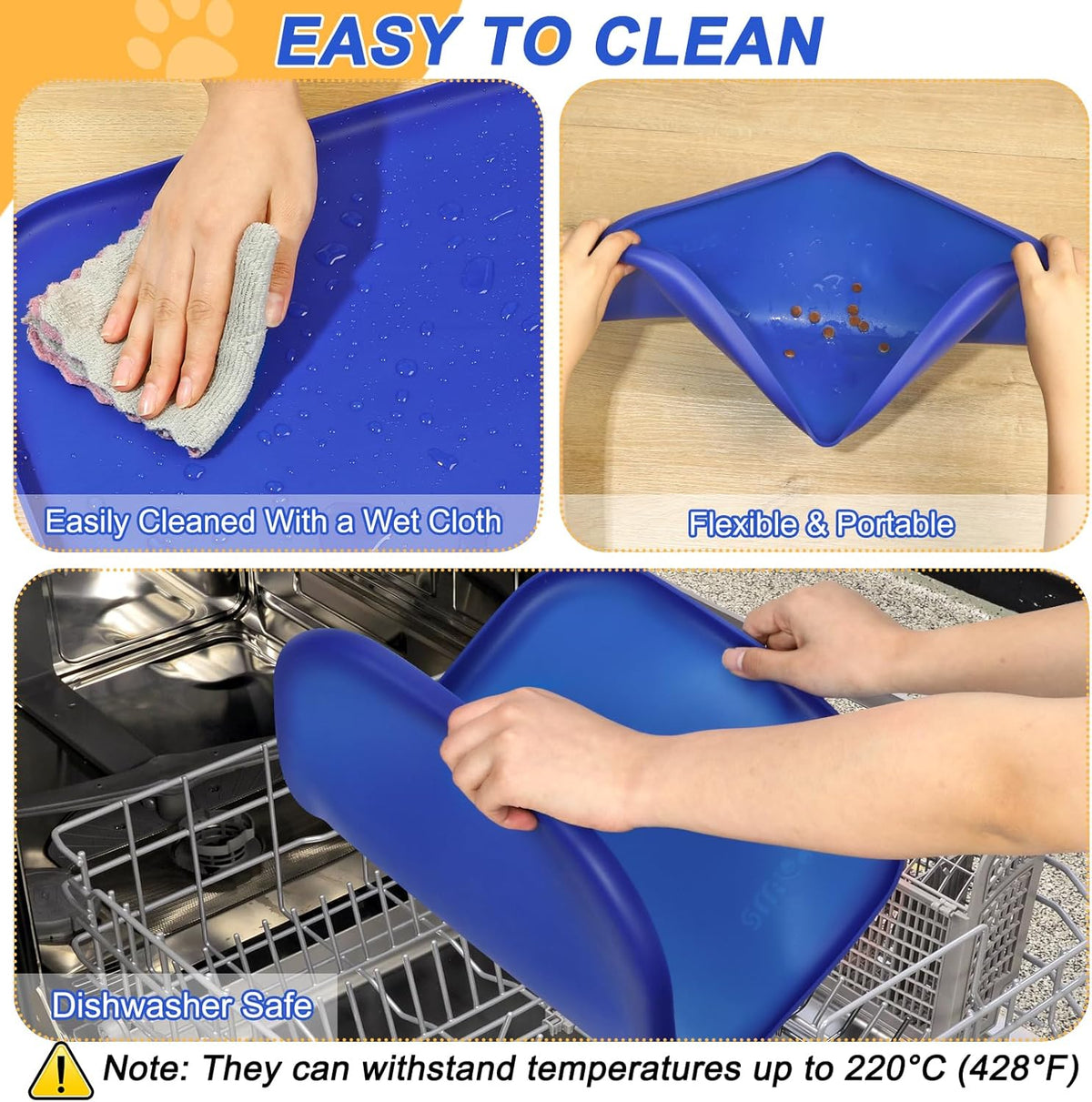 Silicone Pet Feeding Mat with Raised Edge for Food and Water, Dog Bowl Mats, Cat Bowls Placemat