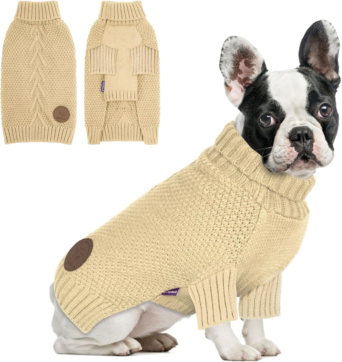 cyeollo Dog Sweater Turtleneck Knitted Sweaters with Leash Hole Winter Dog Clothes Sweaters for