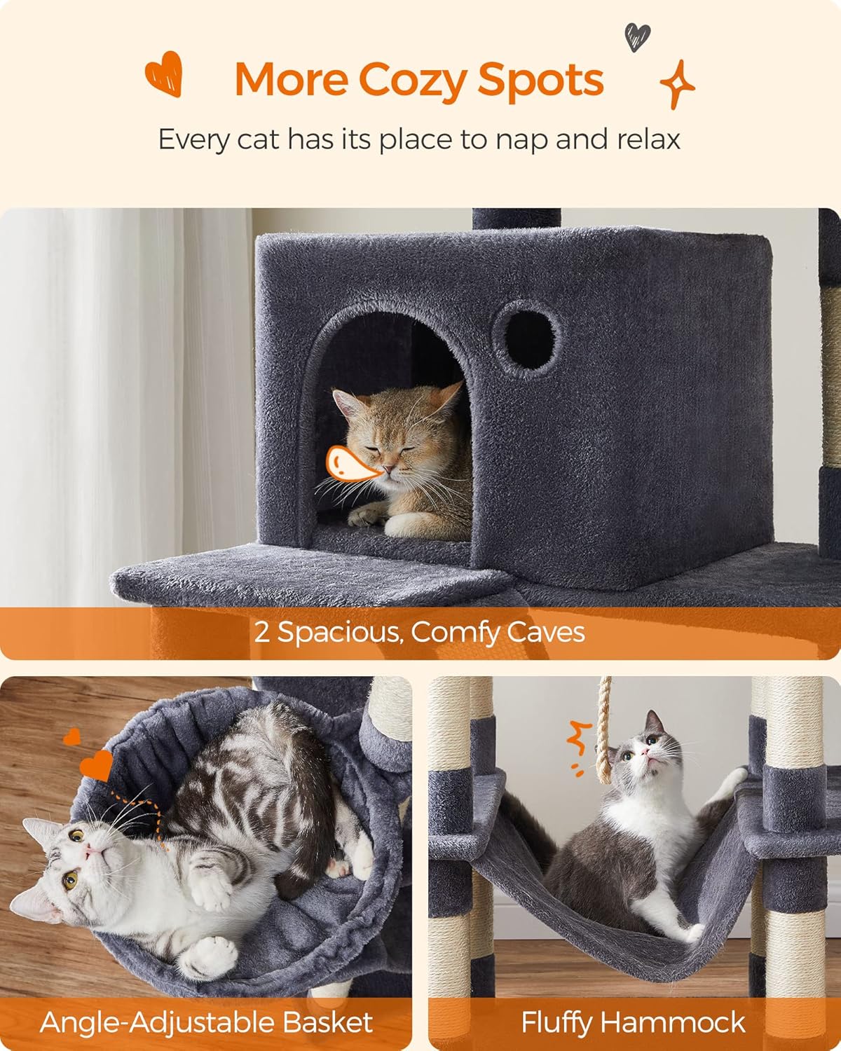 Feandrea Cat Tree, 81.1-Inch Large Cat Tower with 13 Scratching Posts, 2 Perches, 2 Caves, Basket