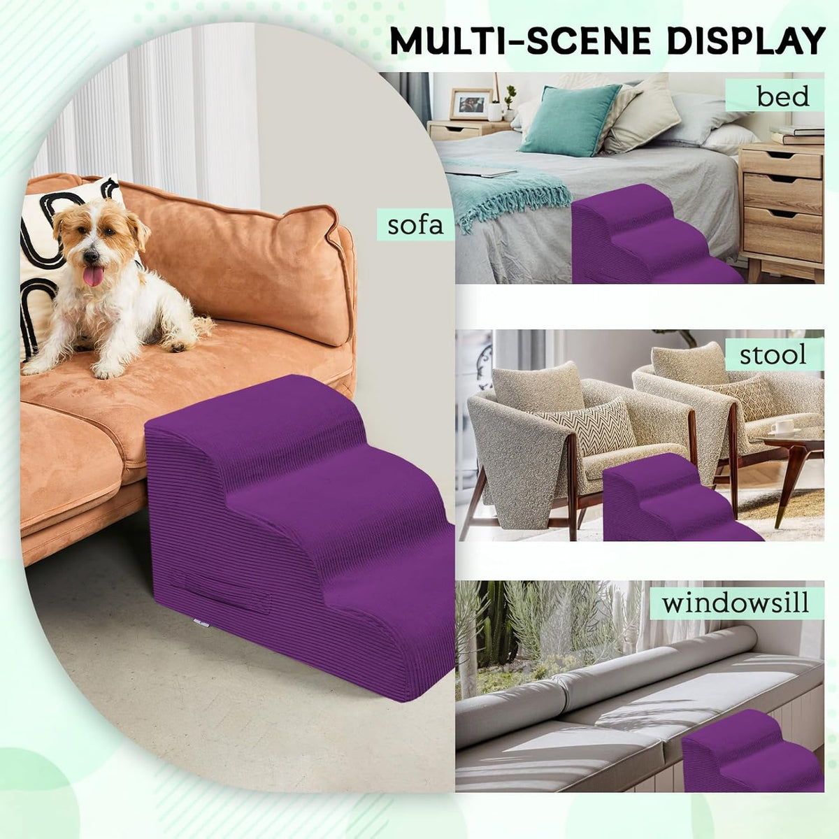 Dog Steps for Small Dogs, 3-Step Dog Ramp and Stairs for High Beds and Sofa, Non-Slip Pet Stairs
