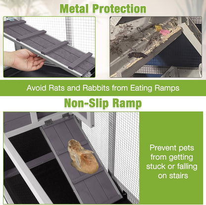 GUTINNEEN Rabbit Hutch Indoor with Chew-Proof Ramp, 62" L Wooden Rabbit Cage with 6 Casters, Bunny