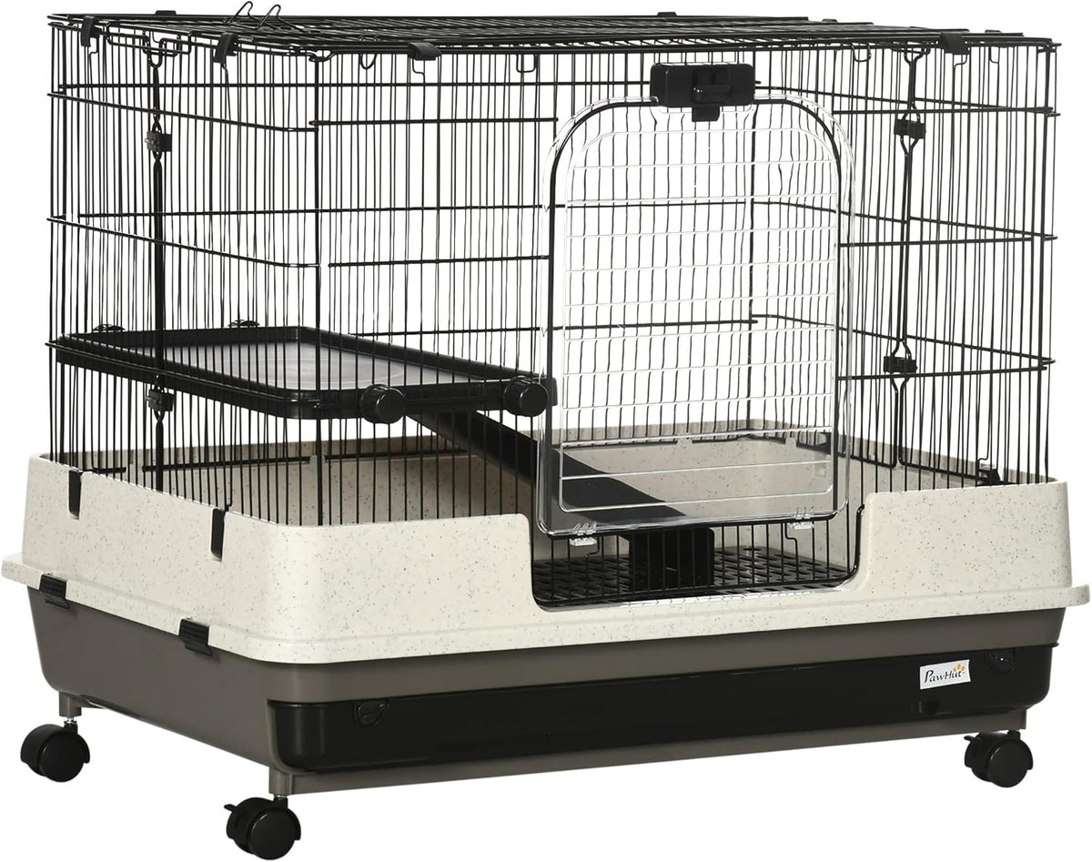 PawHut 26" Small Animal Cage with Wheels, 2-Level Portable Bunny Cage, Chinchilla Ferret Cage with
