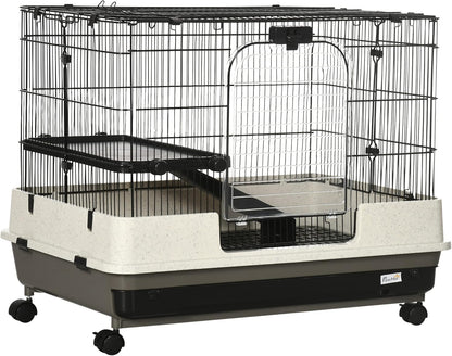 PawHut 26" Small Animal Cage with Wheels, 2-Level Portable Bunny Cage, Chinchilla Ferret Cage with