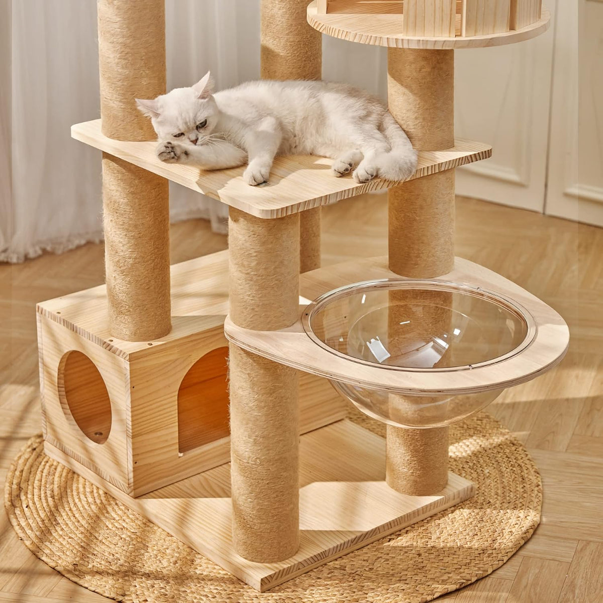 Modern Multi-Level Large Real Solid Wood Cat Tree, Luxury Wooden Cat Tower Cat Condo with