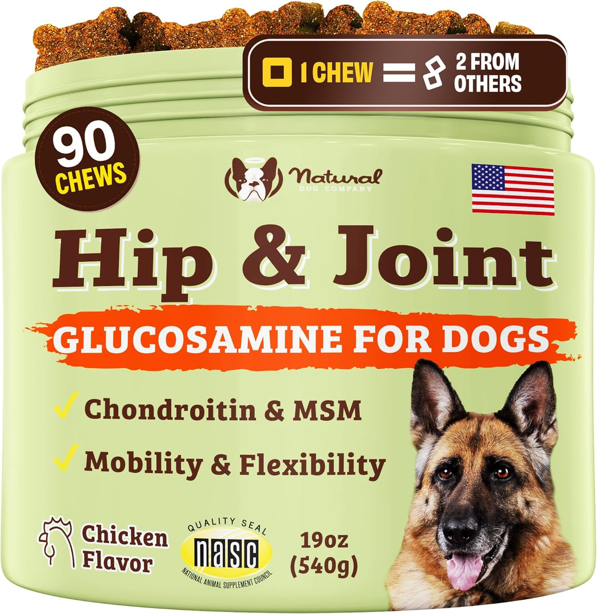 Natural Dog Company Hip & Joint Chews, Chicken Liver & Turmeric Flavor, with Glucosamine