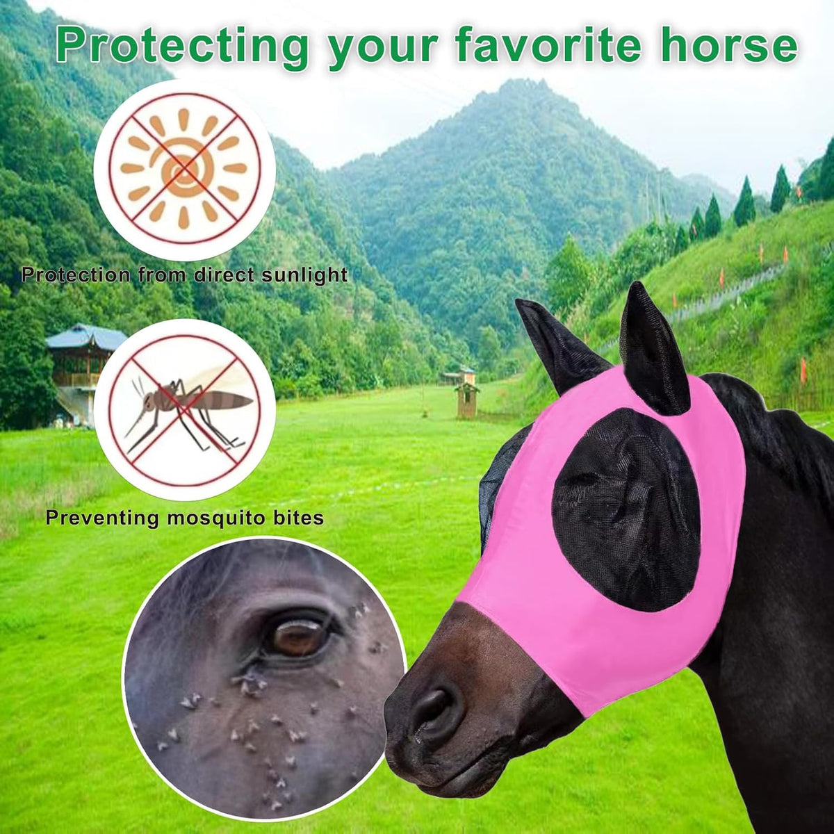 Horse Fly Mask with Ears, Comfortable Fit Stretch Fabric with UV Protection Soft on Skin