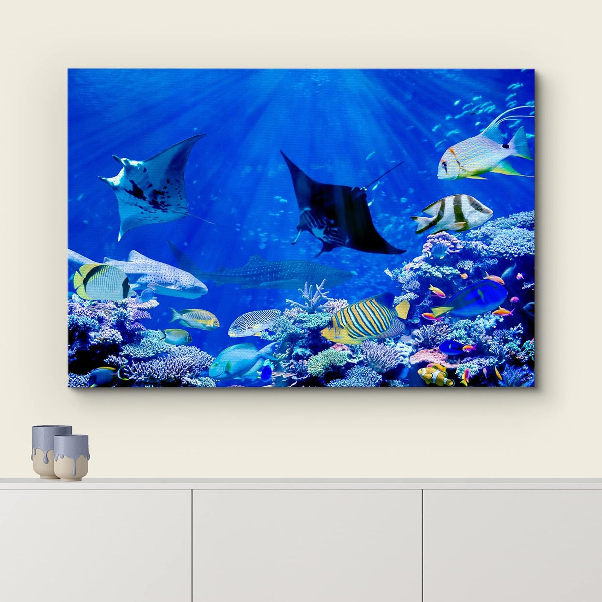 wall26 Canvas Print Wall Art Vibrant Sunlight Ray Ocean Shark Fish Reef Nature Animals Photography
