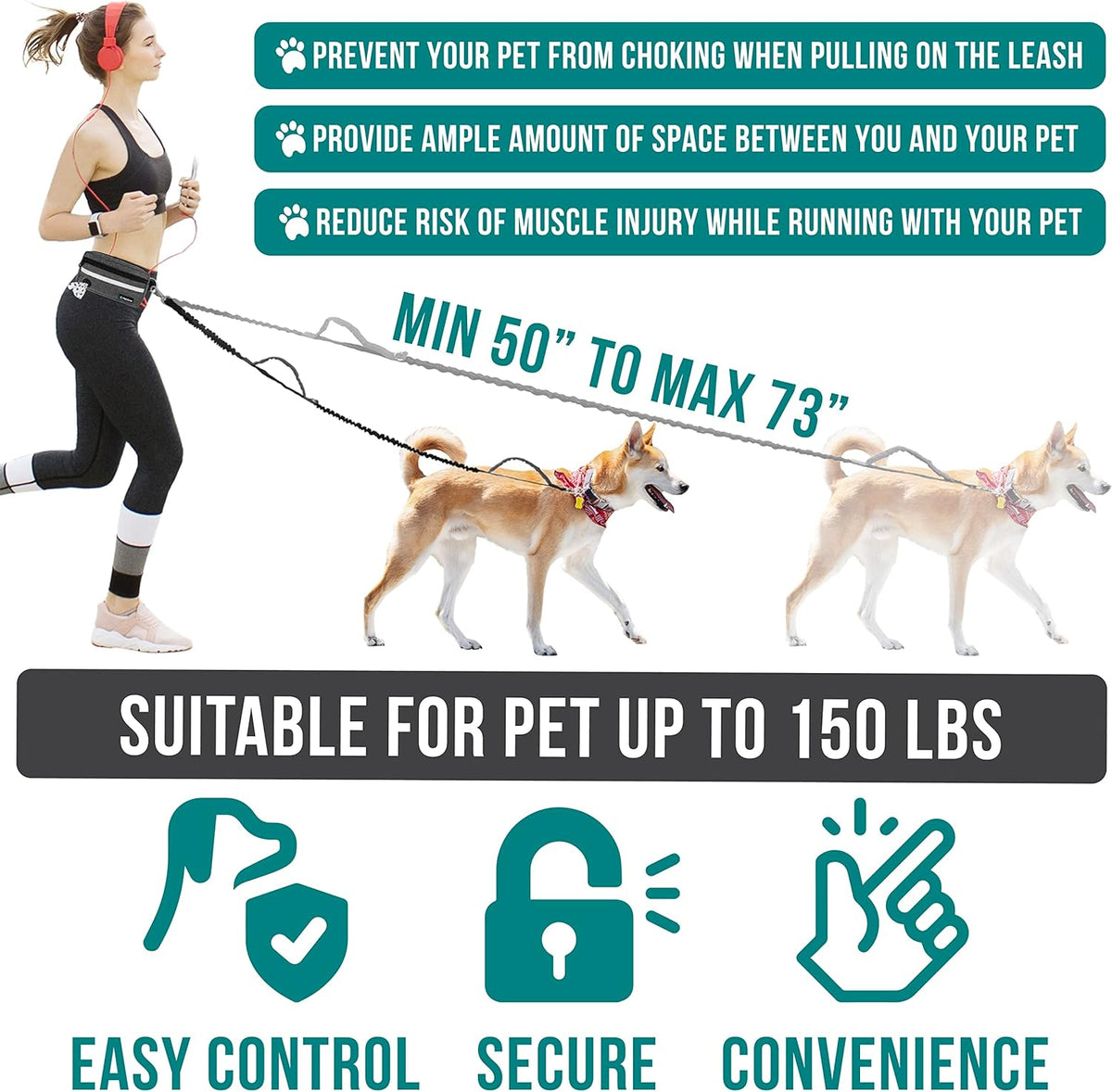 PetAmi Hands Free Dog Leash, Dog Running Leash Belt for Walking, Jogging, Dog Waist Zipper Pouch