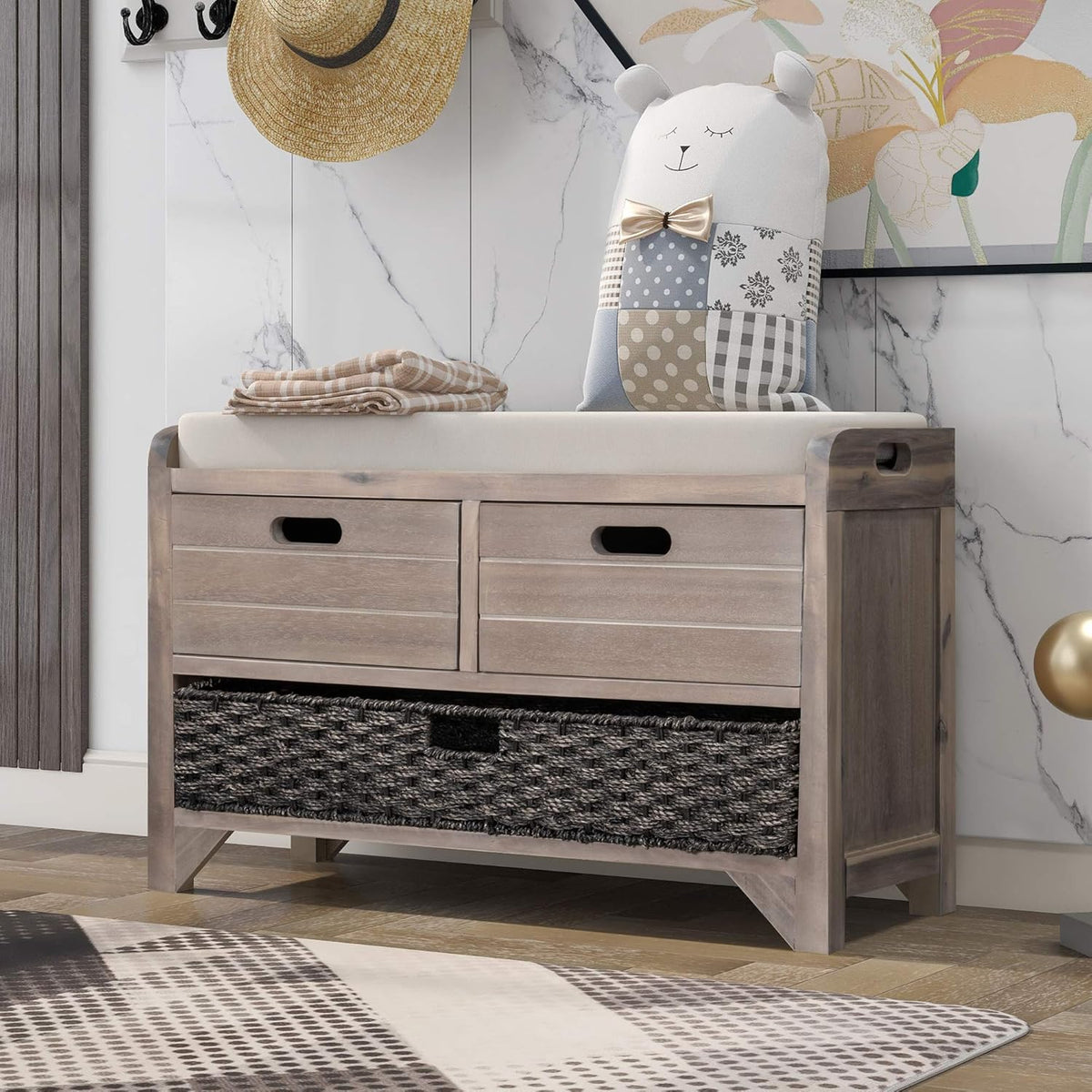 Storage Bench Removable Basket 2 Drawers Fully Assembled Acacia Wood Shoe Bench Standing Shoe Rack