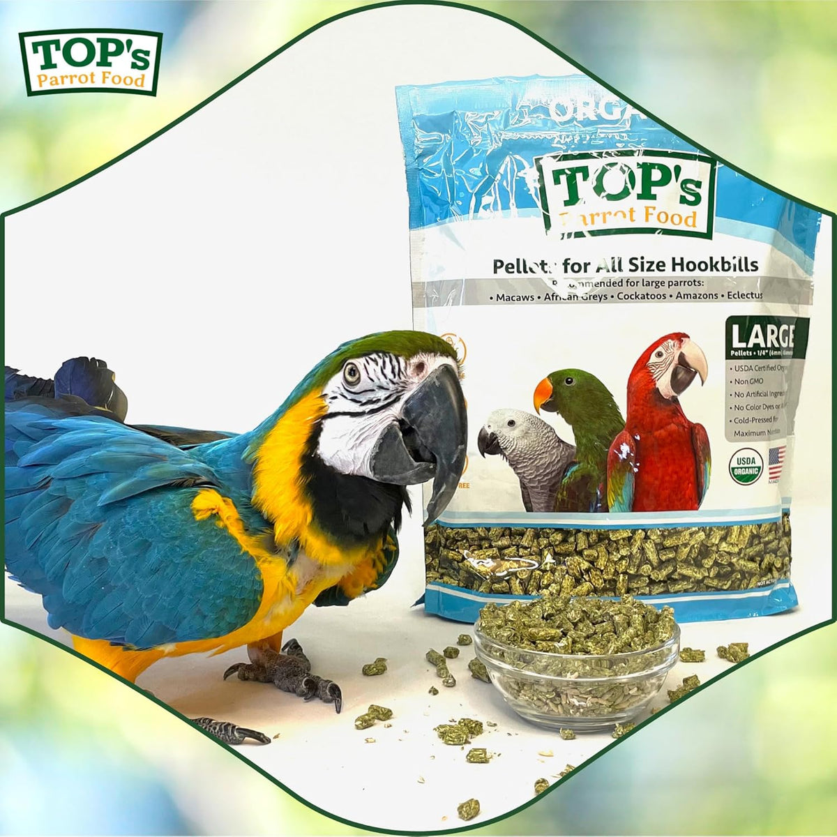 TOP's Parrot Food Pellets Hookbills, Small, Medium and Large Parrots - USDA Organic Certified - 25