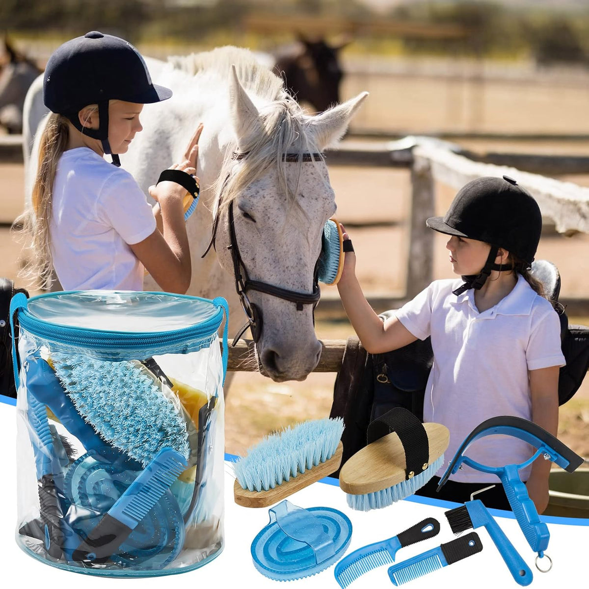 9 Pieces Horse Grooming Kit Tack Room Supplies Set with Organizer Tote Bag, Oval Massage Curry