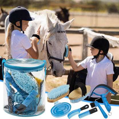 9 Pieces Horse Grooming Kit Tack Room Supplies Set with Organizer Tote Bag, Oval Massage Curry