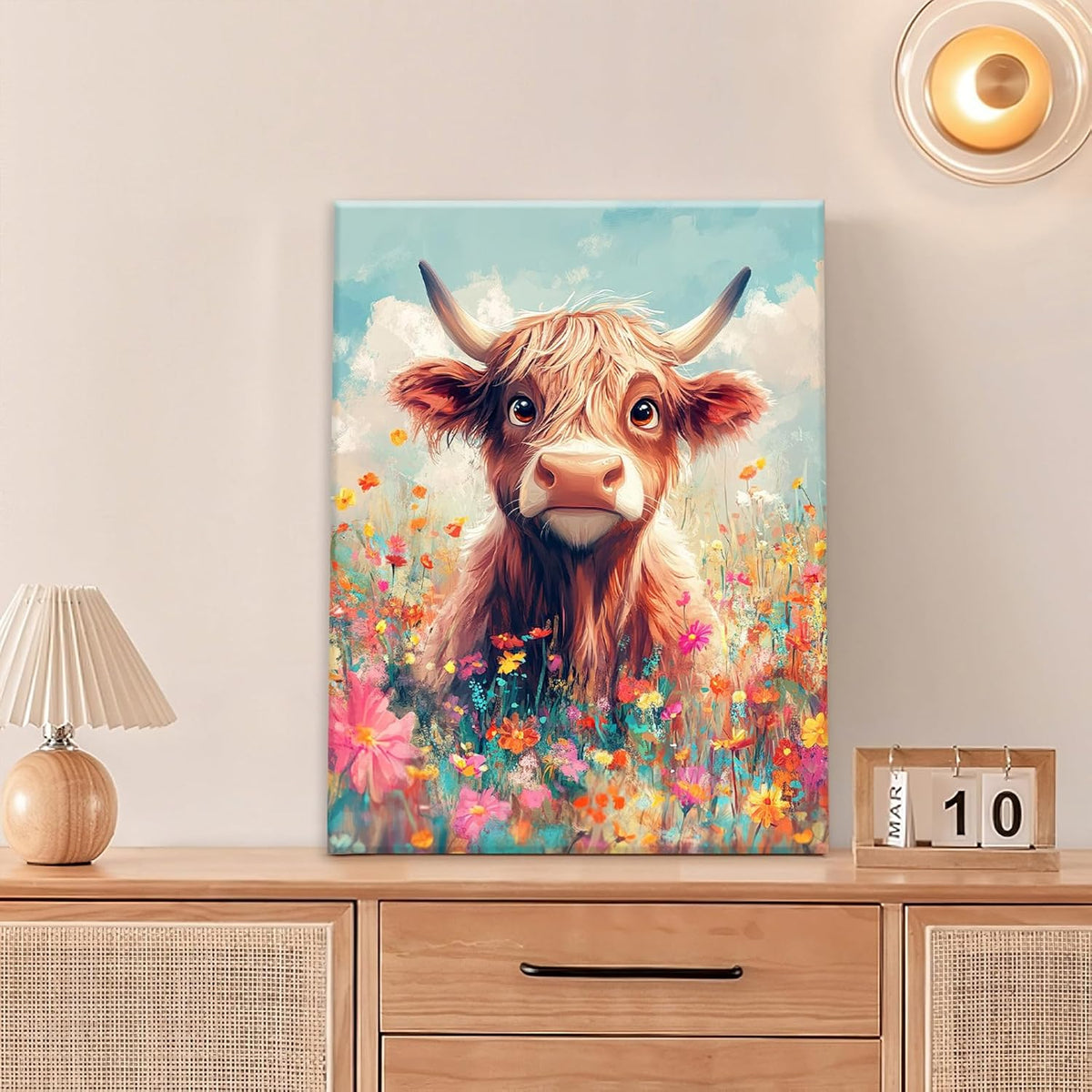 Highland Cow Wall Art Canvas Flower Cattle Wall Decor Prints Framed Painting Animal Pictures Gifts