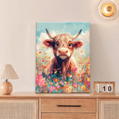 Highland Cow Wall Art Canvas Flower Cattle Wall Decor Prints Framed Painting Animal Pictures Gifts