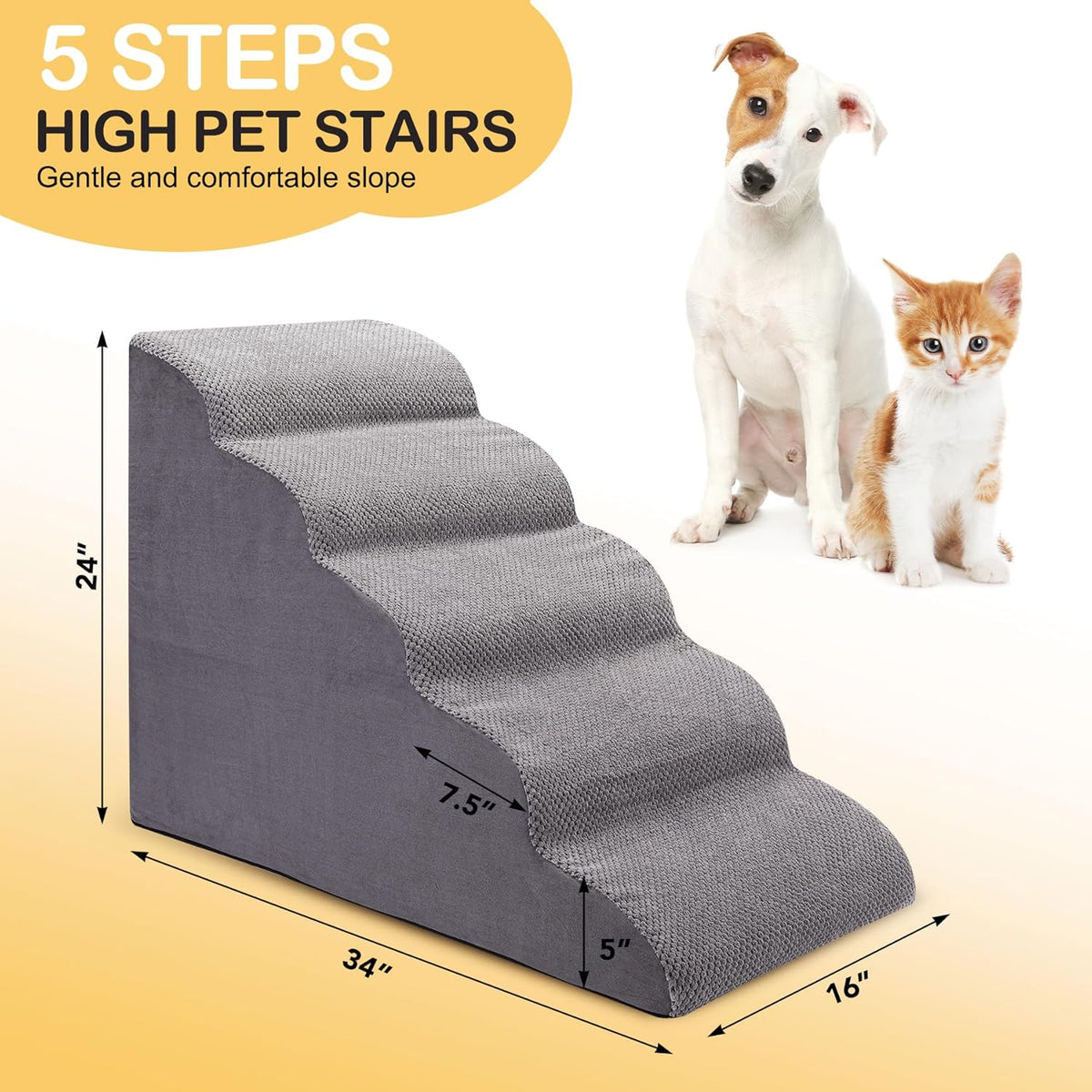 Dog Stairs for Bed and Couch, Non-Slip 5-Step Pet Stairs, 24" High Sofa Foam Dog Ramp - Best for