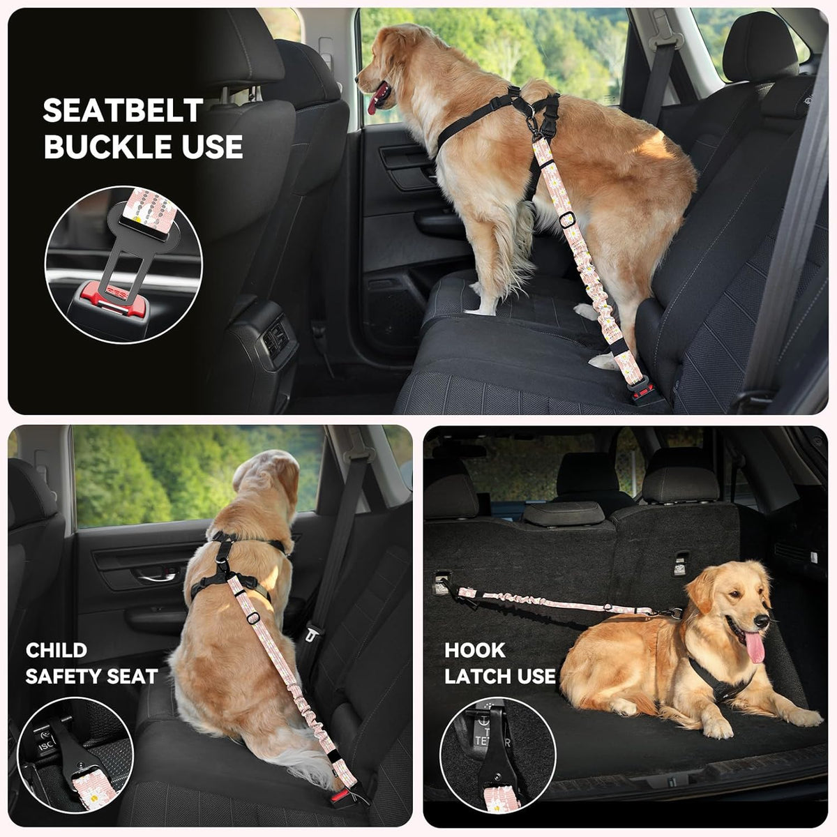 Pawaboo 2Pack Dog Seatbelt for Car, 3-in-1 Dog Car Seat Belt Bungee, Dogs Tether for Cars with