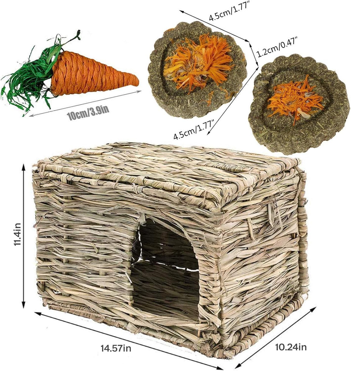 kathson 2 Pcs Large Rabbit Grass House Natural Foldable Hand Woven Seagrass Bed Carrot Hay Toy Hut
