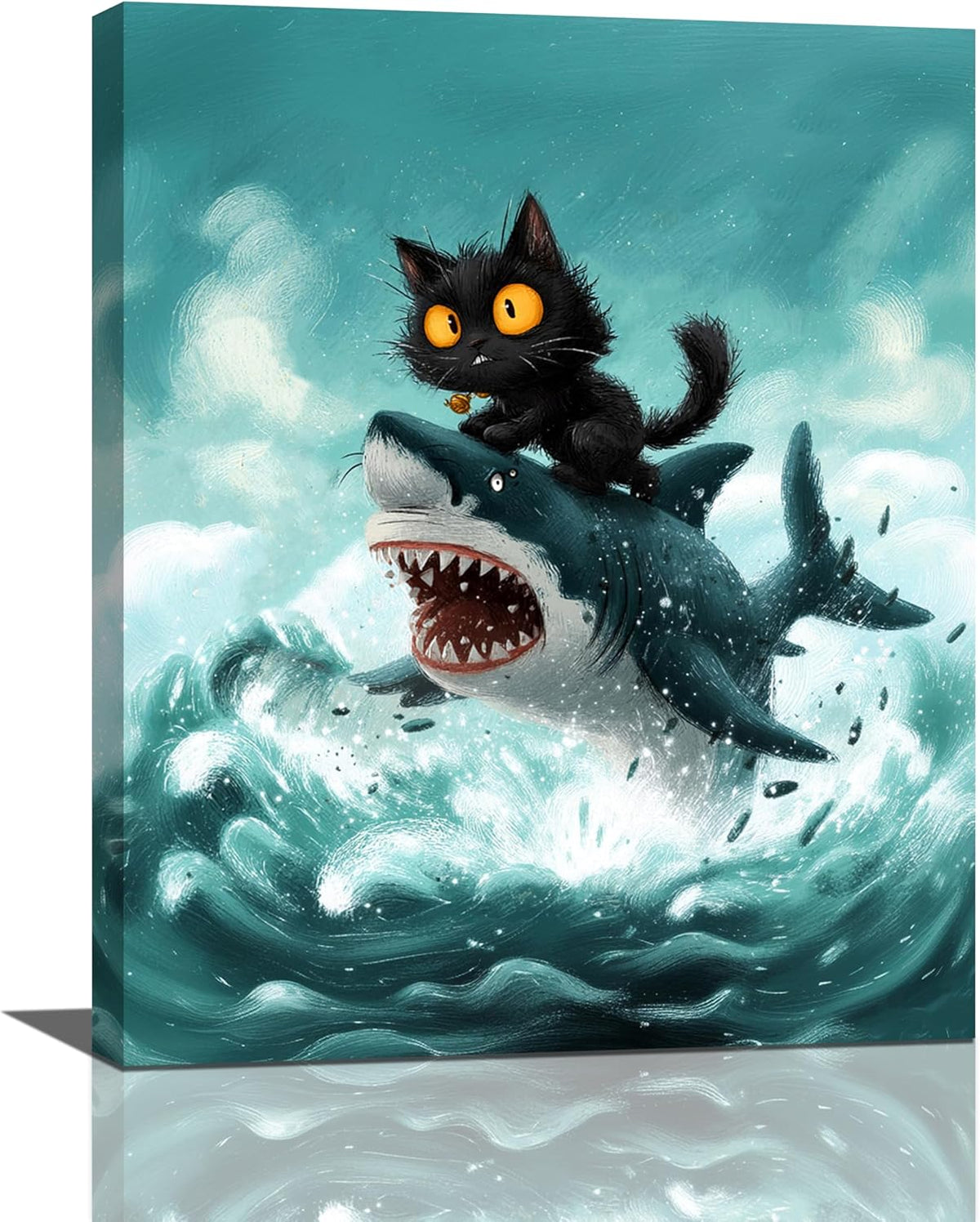 Funny Black Cat Bathroom Wall Art Cute Cat Riding Shark Canvas Wall Decor Animal Kitten Pictures