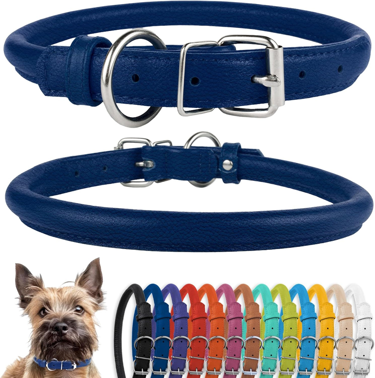 CollarDirect Rolled Leather Dog Collar, Soft Padded Round Puppy Collar, Handmade Genuine Leather