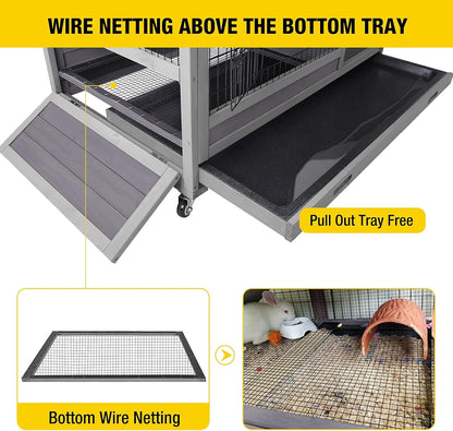 Rabbit Hutch Indoor Outdoor Bunny Hutch Pull Out Tray Guinea Pig Cage with Bottom Wire-Netting, On