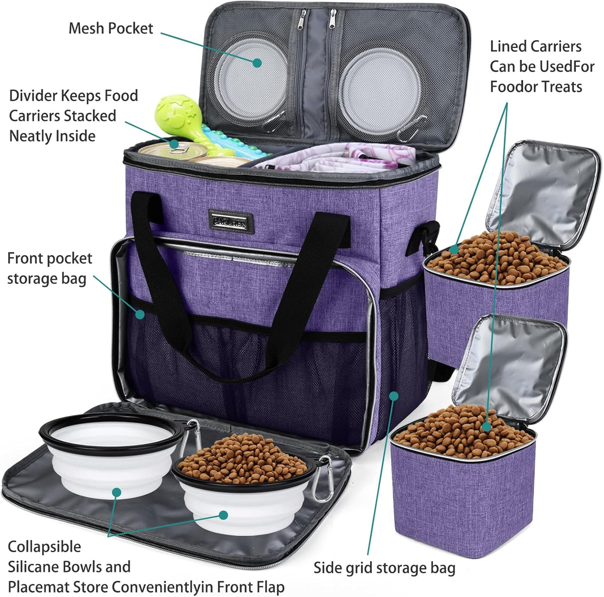 BAGLHER Dog Travel Bag, Pet Travel Bag (ALL Pet Travel Supplies), With 2 Pet Food Containers and 2