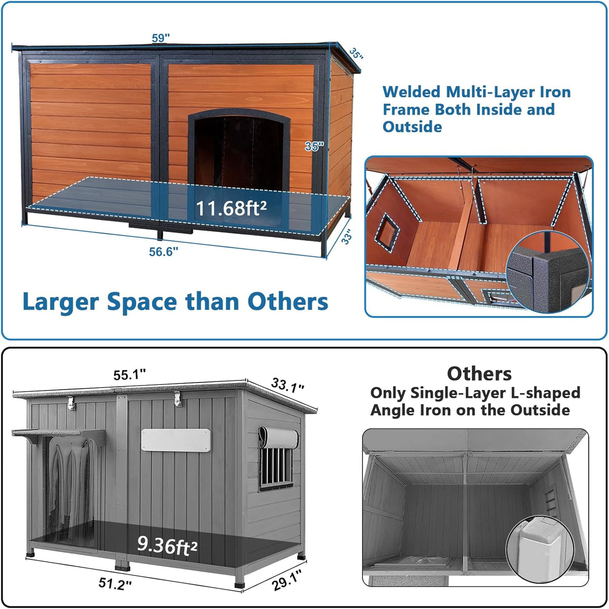 Extra Large Dog House Outdoor Weatherproof 59.1" Outside Wooden Dog Kennel, Chewproof Strong Iron