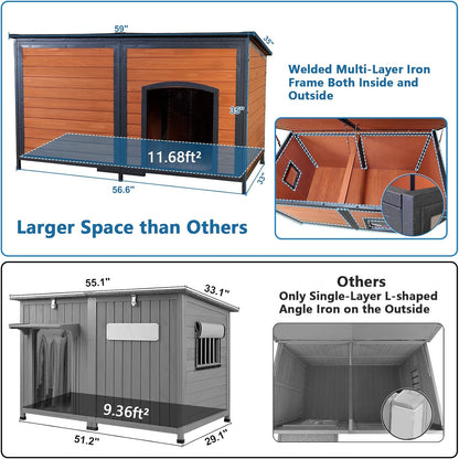 Extra Large Dog House Outdoor Weatherproof 59.1" Outside Wooden Dog Kennel, Chewproof Strong Iron