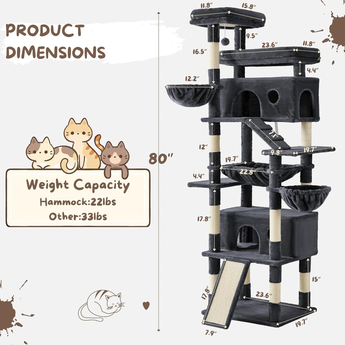 Cat Tree, 80-Inch Large Cat Tower with 9 Scratching Posts, 2 Perches, 2 Caves, 2 Basket, 2 Stairs