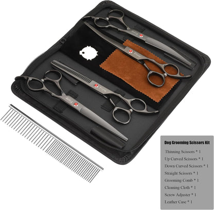 Dog Grooming Scissors Kit, Fcysy Professional Pet Hair Cutting Shears Set with Curved & Straight