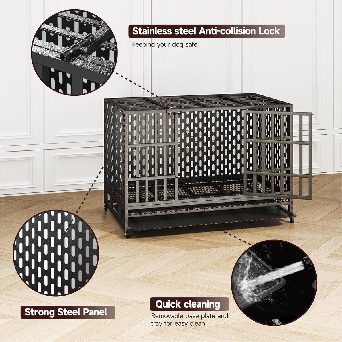 48/42 Inch Heavy Duty Indestructible Dog Crate Steel Escape Proof, Indoor Double Door High Anxiety