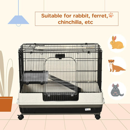 PawHut 26" Small Animal Cage with Wheels, 2-Level Portable Bunny Cage, Chinchilla Ferret Cage with