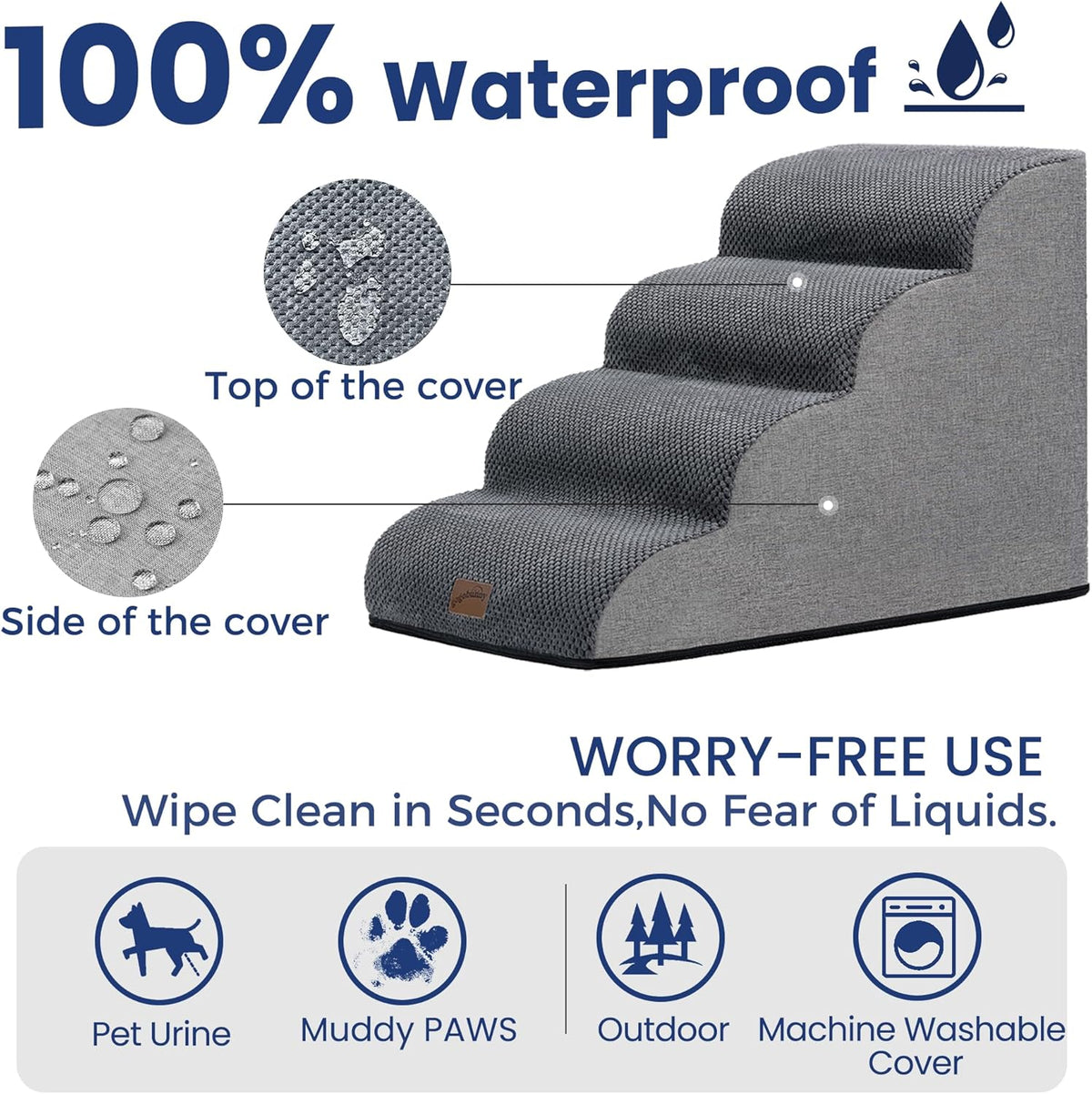GoGoBunny Waterproof High Density Foam Curved Dog Stairs for High Beds Couches 19.7" H, 4-Step Ramp