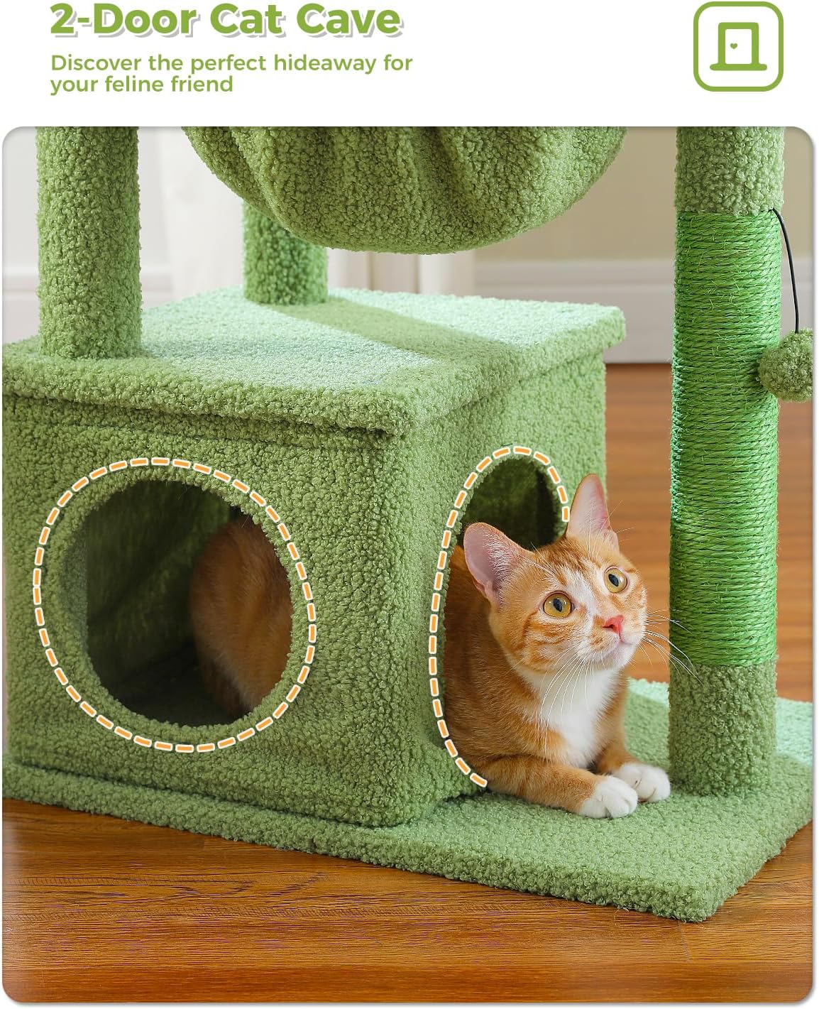 Cactus Cat Tree, 47.6" Cat Tower with 2 Metal Frame Hammock, Cat Scratching Post for Indoor Cats
