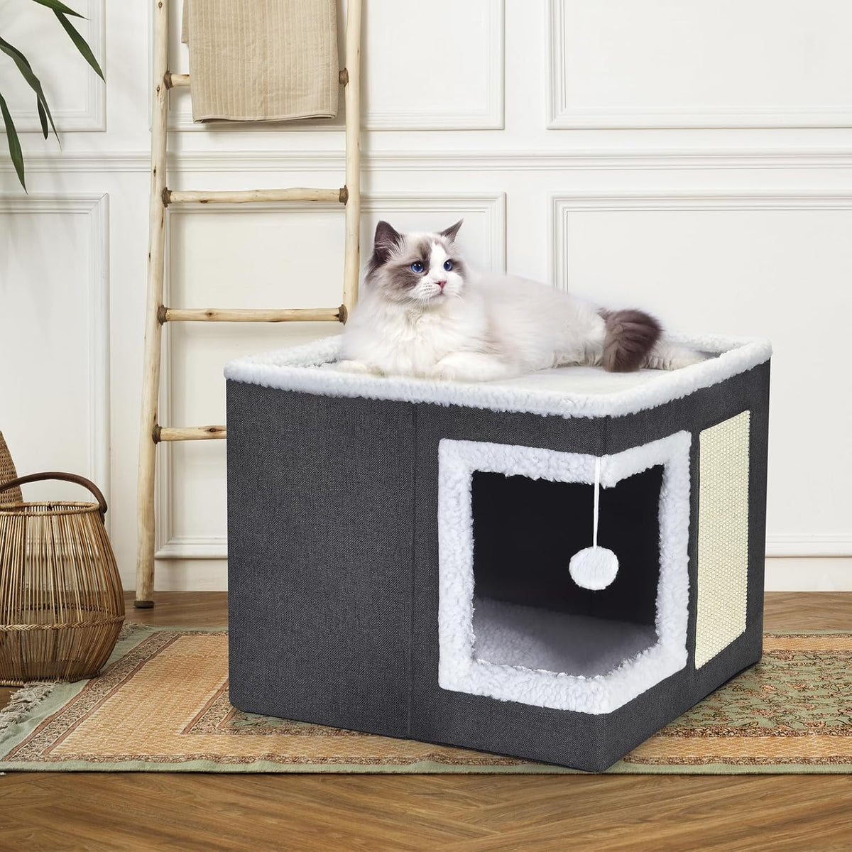 petizer Cat Bed for Indoor Cats, Large Covered Cat House with Scratch Pad, Foldable Cat Cave Bed &