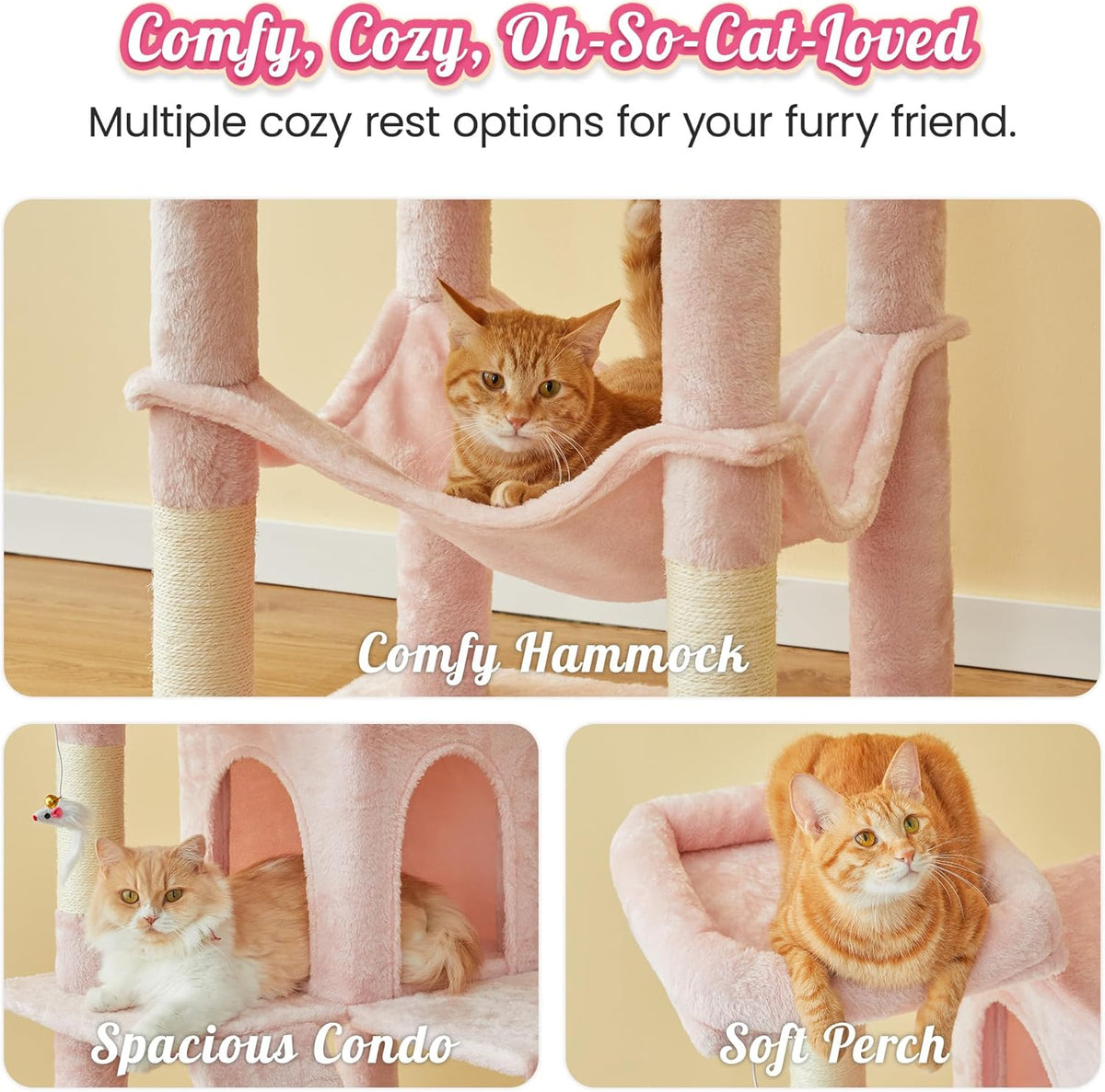 MWPO 70.1-Inch Pink Large Cat Tree, Multi-Level Tall Cat Tower for Indoor Cats, Plush Cat Condo