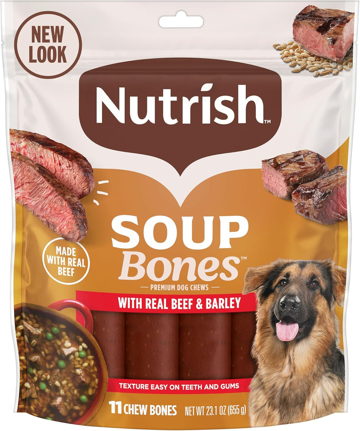 Nutrish Soup Bones Premium Dog Chews with Real Beef and Barley, 11 Chews, Packaging May Vary