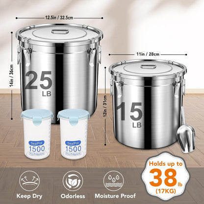 Dog Food Storage Containers, Large Stainless Steel Pet Food Storage Containers 38 lb / 17 kg to