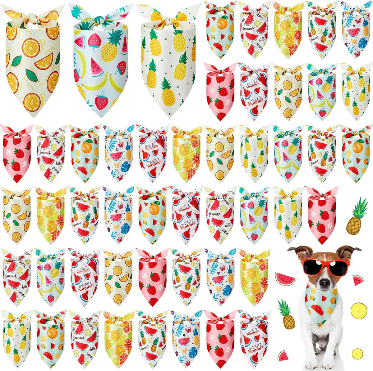 Weewooday 50 Pcs Fruit Dog Bandanas Bulk for Dogs Soft Bibs Adjustable Triangle pet Bandana for