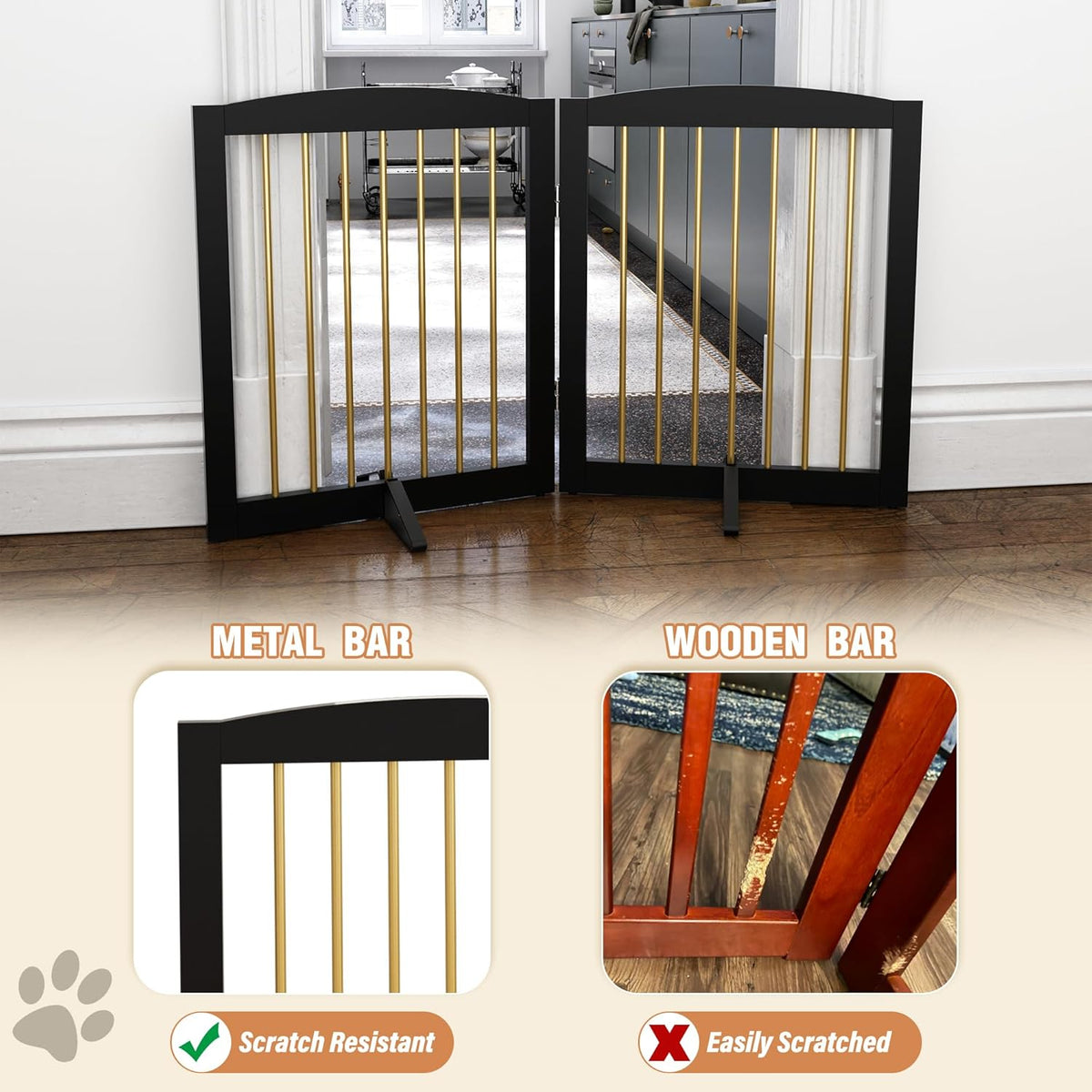 Freestanding Pet Gate for Dogs, Foldable Wooden Dog Gate for House, Stairs, Doorways, Step Over Pet