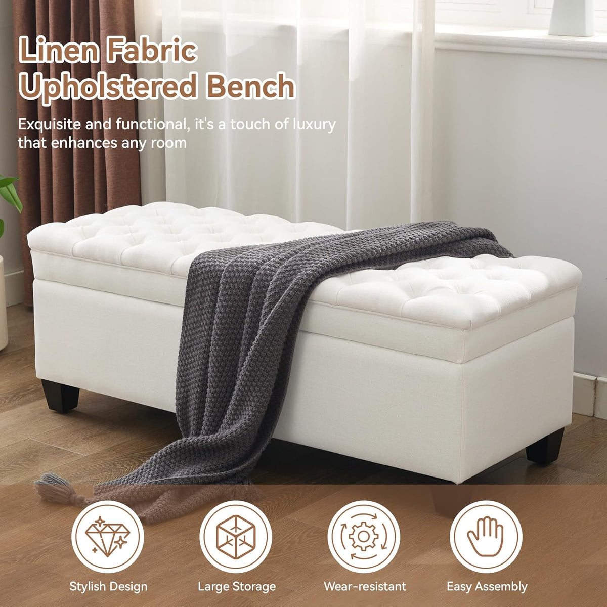 51" Fabric Storage Ottoman Bench, Upholstered Rectangle End of Bed Storage Ottoman Tufted Living